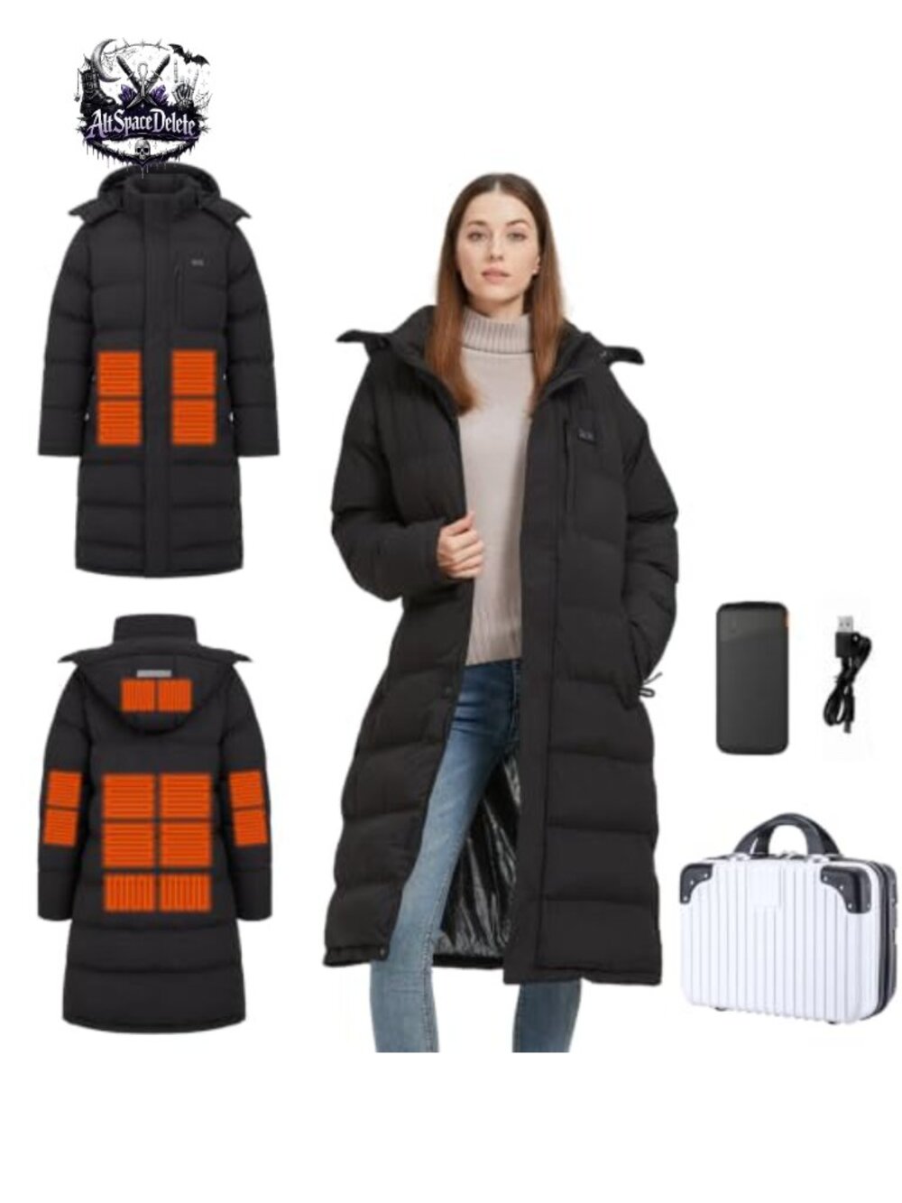 Women's Heated Puffer Jacket Long Slim Fit with Battery Pack